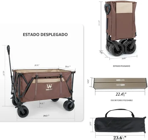 Miniatura 5 de Whitsunday Carrito de playa de 440 libras con ruedas Terrian, carrito plegable para acampar con mesa de aluminio Marrón