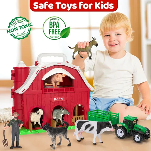 Miniatura 4 de Juguetes de animales de granja para niños de 1, 2, 3, 4 y 5 años, juego de granja grande de granero rojo con figuras de animales y juguete