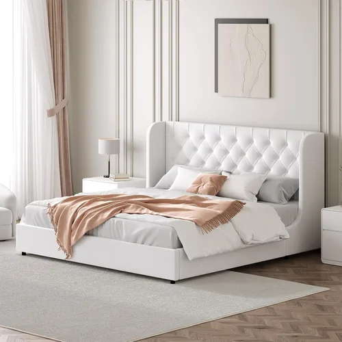 Miniatura 11 de HOMBCK - Marco de cama tamaño completo, base de cama tapizada en plataforma gris con cabecero, terciopelo acolchado, diseño de ala curvada, listones