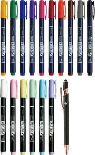 Tombow Fudenosuke - Bolígrafo de punta dura a base de agua, 10 colores estándar, punta suave, 6 colores pastel, total de 16 colores con lápiz