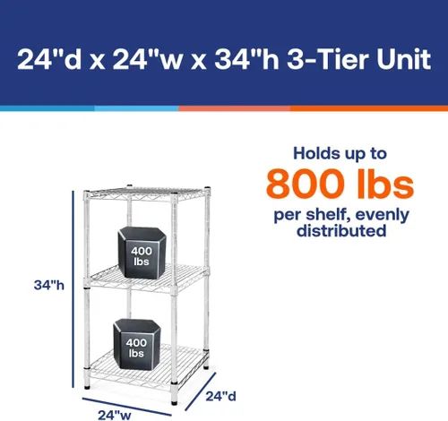Shelving Inc. Estantería de alambre cromado de 24 pulgadas de profundidad x 24 pulgadas de ancho con estantes de 3 niveles, capacidad de peso de 800