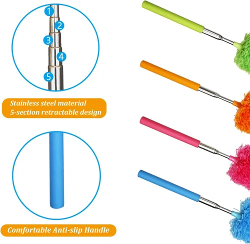Miniatura 3 de Paquete de 4 plumeros de microfibra, con poste extensible y cabezal flexible, herramienta de limpieza de microfibra lavable para limpieza