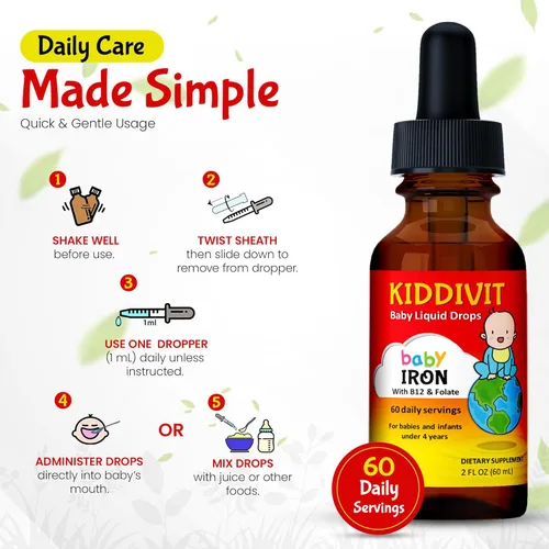 Miniatura 5 de Gotas líquidas de hierro para bebés con vitamina B12 y folato, suplemento suave de soporte de hierro, 60 porciones diarias, fibra prebiótica