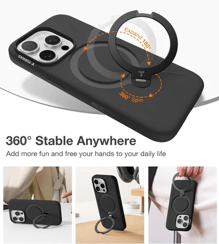 Miniatura 2 de TORRAS Funda de silicona líquida para iPhone 16 Pro con anillo magnético giratorio de 360 grados y control de cámara, compatible con MagSafe, Funda