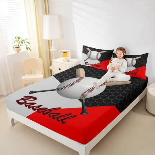 Miniatura 3 de Juego de ropa de cama de béisbol 3D, tamaño individual, juego de cama para niñas, adolescentes, decoración de dormitorio, sábana bajera geométrica