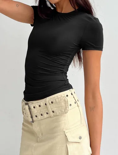 Miniatura 2 de PGANDS Camiseta corta de manga corta de verano para mujer, cuello redondo, básica, lisa, Y2K, ajustada