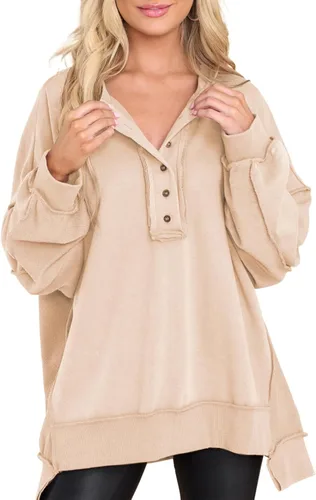 Miniatura 63 de AlvaQ - Sudadera de gran tamaño para mujer, informal, de manga larga, con botones y cuello Henley, tipo túnica