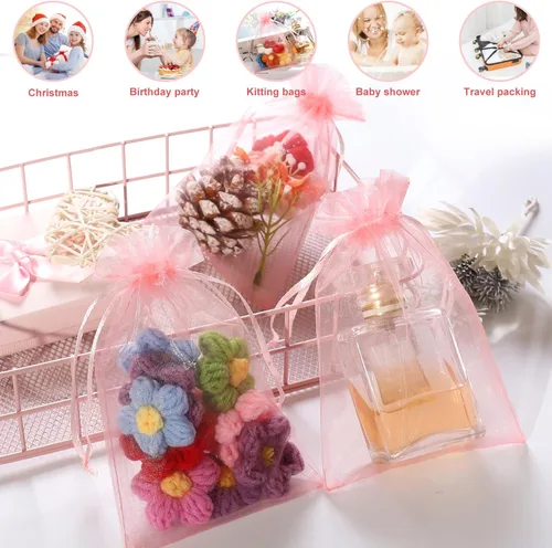 Miniatura 3 de Hopttreely 100 bolsas de organza, bolsa de organza de satén rosa de 4 x 6 pulgadas, bolsa de organza con cordón para boda, fiesta, bolsa de regalo