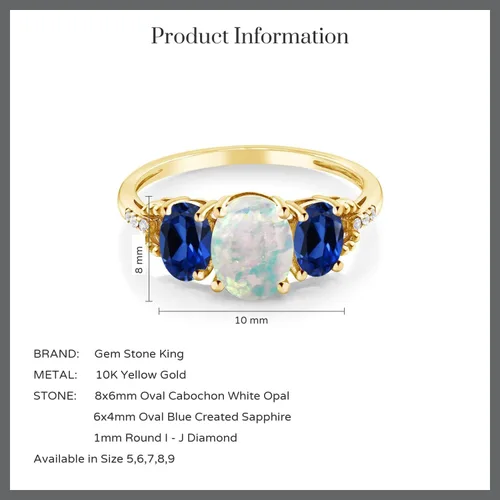 Miniatura 4 de Gem Stone King Anillo de compromiso de oro amarillo de 10 quilates con ópalo blanco de imitación y zafiro azul creado para mujer