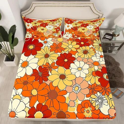 Miniatura 19 de Juego de sábanas ajustadas estilo 70s hippie retro para cama individual, juego vintage de otoño con hojas florales para niños y niños, juego de ropa