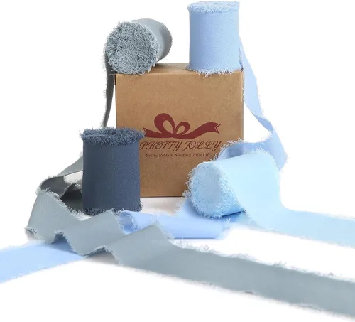 Miniatura 8 de Pretty Jolly Cinta de gasa beige para envolver regalos, 3 rollos de 2 pulgadas x 7 yardas, cinta de tela de seda hecha a mano con flecos para ramo