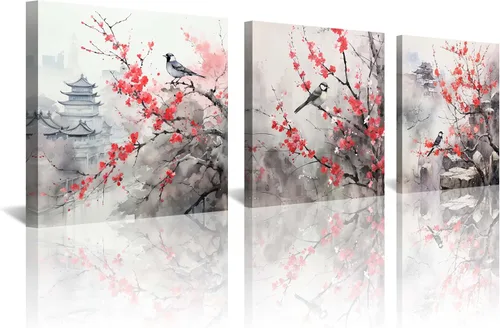 Arte de Pared de Acuarela de Estilo Asiático Tradicional Chino Pájaro en Rama de Flor de Cerezo Roja Decoración Paisaje Floral Oriental Pintura de