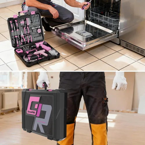 Miniatura 8 de GRENPRO Juego de herramientas rosa, juego de taladro, 188 piezas de kit de herramientas para el hogar con taladro inalámbrico rosa, kit
