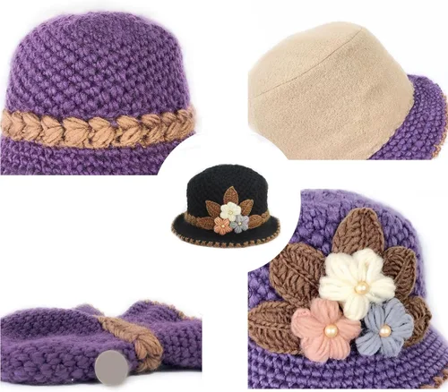 Miniatura 5 de Lady French Thicken - Gorro de lana de punto con flores para mujer, con flores
