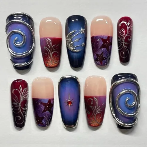 Miniatura 23 de MISUD Uñas Postizas - Uñas Largas Forma Ataúd con Pegamento en Negro Gótico, Diseño Acrílico Gótico de Rosa 24 piezas