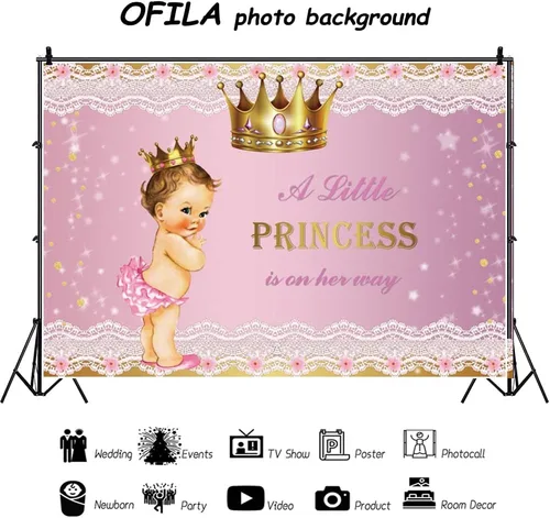 Miniatura 7 de Telón de fondo de princesa para baby shower para niña, 8 x 6 pies, corona dorada, encaje rosa, fondo de fotografía con texto en inglés "A Little