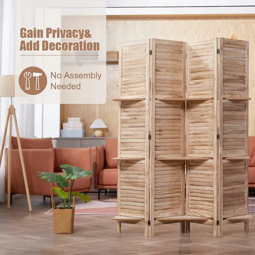 Miniatura 8 de Divisor de habitación de 4 paneles con 3 estantes de almacenamiento extraíbles, pantalla de privacidad plegable de 5.6 pies, divisor de pared