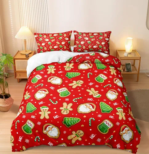 Miniatura 15 de Herside Juego de funda de edredón de Navidad, tamaño Queen, colorido patrón navideño impreso, bonita decoración navideña, microfibra suave, funda