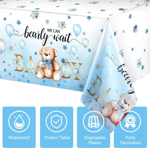 Miniatura 3 de Tegeme Paquete de 6 manteles de plástico con diseño de oso para baby shower, con texto en inglés «We Can Bearly Wait», para fiestas de cumpleaños