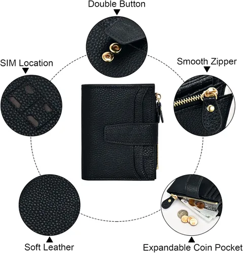 Miniatura 5 de oscaurt Billetera pequeña para mujer con bloqueo RFID, de dos pliegues, compacta, para tarjetas de crédito, de piel, con bolsillo con cremallera