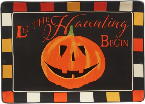 Miniatura 2 de Bandeja rectangular espeluznante de Halloween – Bandeja de cerámica de 14 x 10 pulgadas con mensaje «Let the Haunting Begin» – Vajilla de fiesta