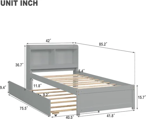 Miniatura 2 de Harper & Bright Designs Cama de plataforma individual con nido y estantería, marco de cama de madera con cabecero, sofá cama con soporte de listones