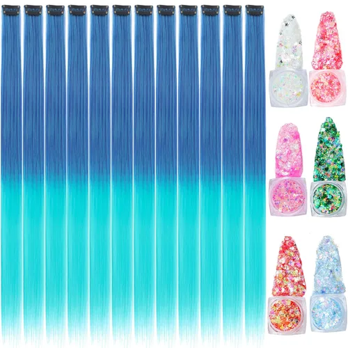 Miniatura 15 de Extensiones de cabello de colores, extensión de cabello liso con clip de 22 pulgadas, extensiones de cabello con brillantina multicolor arcoíris