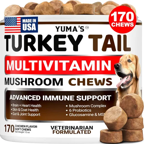 Hongo de cola de pavo para perros, 170 unidades, masticables de hongos para perros, bultos y protuberancias de lipoma, salud inmunológica,