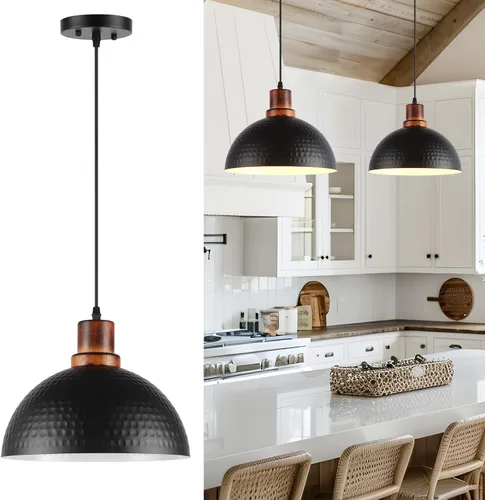 Luces Colgantes Negras para Isla de Cocina, 11.8" Metal Martillado Negro Lámpara Colgante de Cúpula Iluminación Colgante Negra y de Madera Accesorio