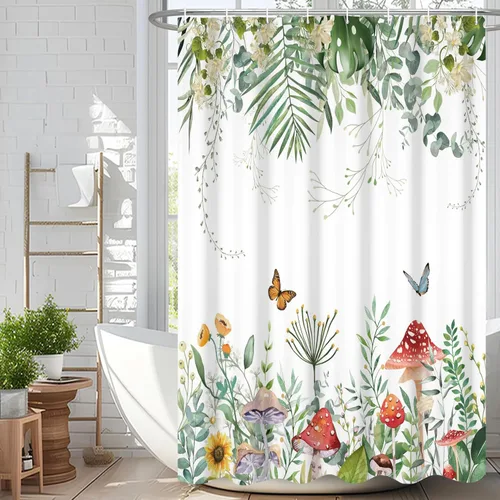 Miniatura 25 de Cortina de ducha de eucalipto verde salvia Velaequezii con plantas de acuarela, hojas botánicas de primavera impresas, cortina de baño impermeable