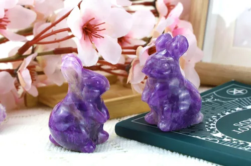 Miniatura 5 de QINJIEJIE Decoración de Pascua de 2 pulgadas, estatua de conejo de amatista, cristales de conejo, piedras curativas, piedras preciosas naturales