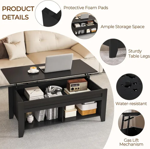 Miniatura 9 de Yaheetech Mesa de centro de madera negra elevable, con almacenamiento oculto y 2 estantes abiertos para sala de estar, recepción, oficina, 39.5 Negro