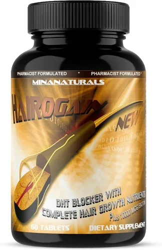 HAIROGAIN DHT Blocker. Apoya el crecimiento del cabello. 10000 mcg de biotina, colágeno y vitaminas para el cabello añadidas. Ayuda a disminuir la