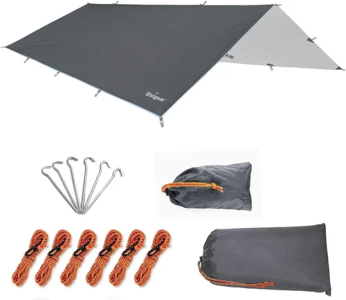 Miniatura 15 de Unigear Toldo para Hamaca contra Lluvia, Lona de Campamento de 16.5/14.4/13.1/9.8 pies, Protección UV e Impermeable y Ligera para Campamento, Marrón