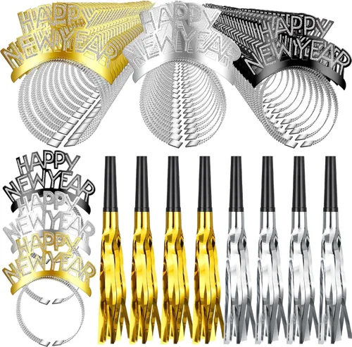 Juego de 120 diademas de Año Nuevo 2024, tiara con purpurina y flecos metálicos, decoración de fiesta de Año Nuevo para suministros de fiesta de Año