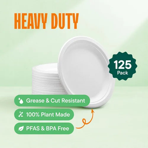 Miniatura 2 de Stack Man Platos de papel pequeños 100% compostables de 7 pulgadas, resistentes [paquete de 125] Platos desechables ecológicos de bagazo blanco