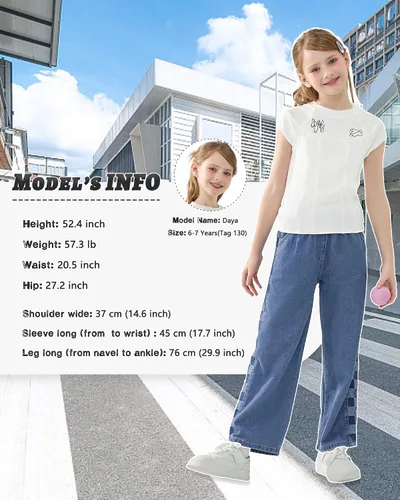 Miniatura 6 de Rolanko Pantalones vaqueros para niñas, cintura elástica, pierna ancha, pantalones holgados para niños, ropa para niños de 4 a 14 años