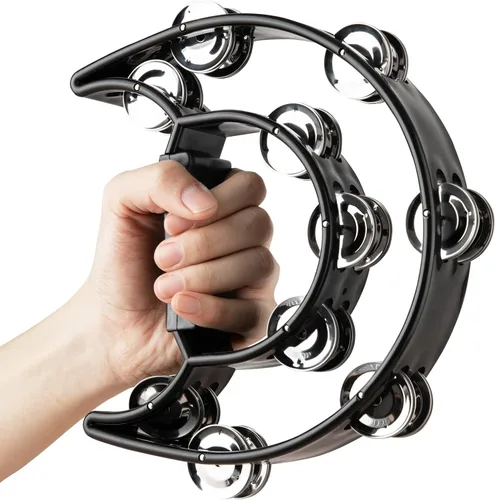 Miniatura 7 de Pandereta de Doble Fila con Cascabeles de Metal, Instrumento de Percusión de Mano en Forma de Media Luna para Adultos y Niños, Fiestas, KTV, Negro