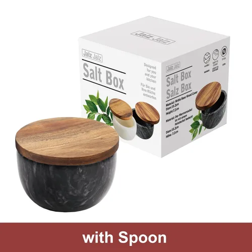 Miniatura 2 de Jalz Jalz Salero de sal con cuchara, base de mármol negro, tapa de acacia natural, cajas decorativas, recipiente para condimentos, diseño elegante