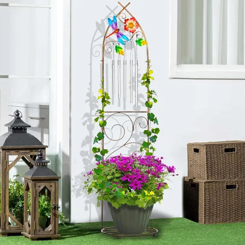 Miniatura 6 de Enrejado de jardín con soportes para plantas, enrejado de metal desmontable de 48 pulgadas para maceta con libélula y campanillas de viento
