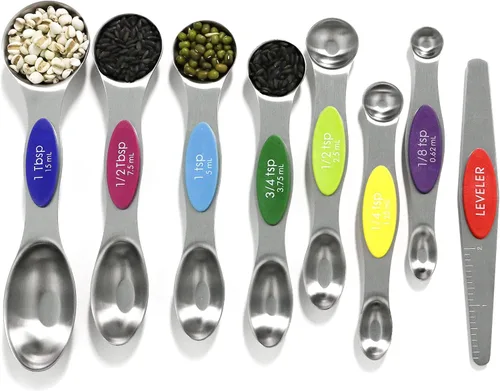Juego de cucharas medidoras magnéticas de acero inoxidable con nivelador, juego de 8 piezas de tazas medidoras multicolor para hornear, tazas Varios