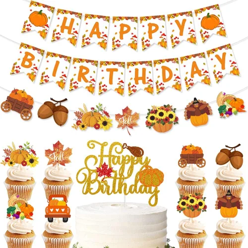 Decoraciones de fiesta de cumpleaños de otoño, calabaza, arce, girasol, pavo, cosecha, granja, suministros de fiesta, pancarta de feliz cumpleaños,