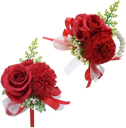 Miniatura 8 de Wrist Corsage and Boutonniere Set for Bride Groom Bridesmaids Groomsmen Wedding Homecoming Flowers Prom Suit Accessories, Rose Boutonniere and