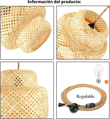Miniatura 4 de Lámpara colgante de ratán para enchufar, con cable de enchufe, lámpara colgante de bambú regulable, tejida a mano estilo bohemio, pantalla