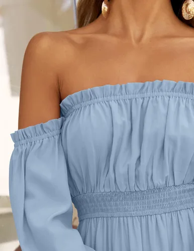 Miniatura 155 de ZESICA - Vestido largo, bohemio y sexy, con hombros descubiertos y manga larga fruncida, con elástico fruncido, cintura alta y abertura lateral
