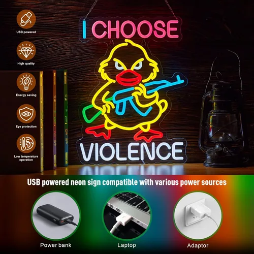 Miniatura 3 de Letrero de neón con texto en inglés "I Choose Violence Duck - Pistola de ganso con luz LED AK 47, decoración con USB, regulables, para pub, tienda