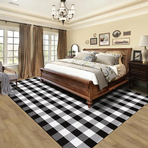 Miniatura 4 de Alfombra a cuadros en blanco y negro de 5.5 x 7.5 pies, alfombra de algodón tejida lavable para interiores y exteriores, comedor, dormitorio, sala