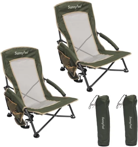 Miniatura 14 de SUNNYFEEL Silla de playa baja plegable para adultos, sillas de camping de playa ligeras portátiles con soporte para tazas, reposabrazos, silla