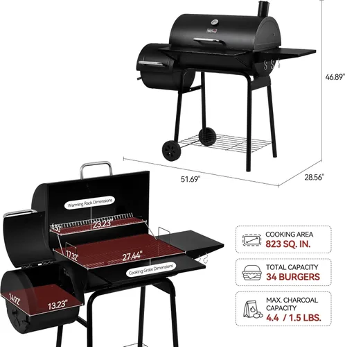 Miniatura 3 de Royal Gourmet CC1830S - parrilla de carbón para barbacoa y ahumador offset superficie de cocción de 823 pulgadas cuadradas, para exteriores
