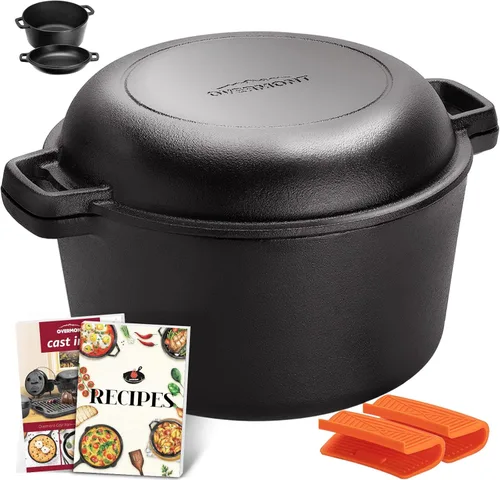 Overmont Olla holandesa 2 en 1 de hierro fundido pre-curada con tapa de sartén para inducción, eléctrico, parrilla, cocina, barbacoa, campamento (5